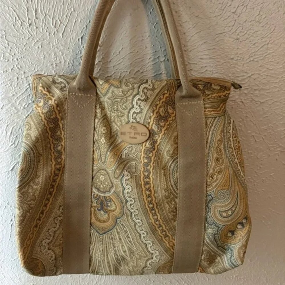 Vintage ETRO Profumi Double Handle Tote Bag in Paisley Beige Gold Nylon EUC